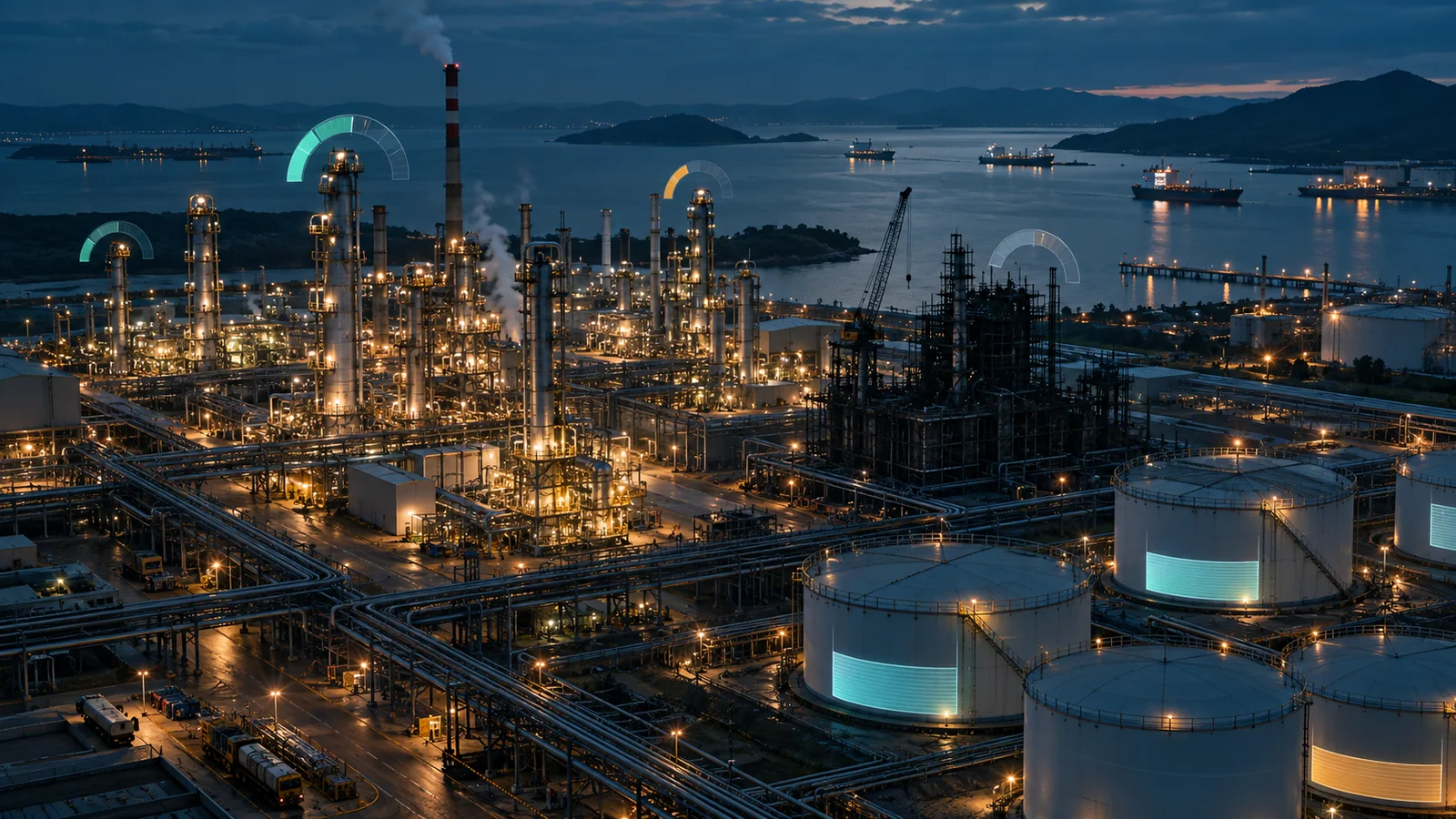 A coastal refinery at blue hour shows active units, maintenance areas, and utilization gauges.